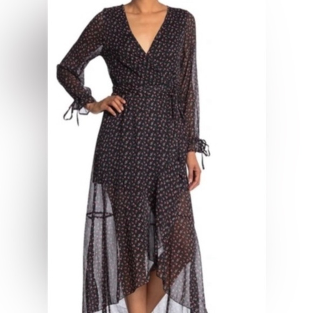 Kendall & Kylie M New Black Floral Red Long Sleeve Wrap Maxi Sheer Dress